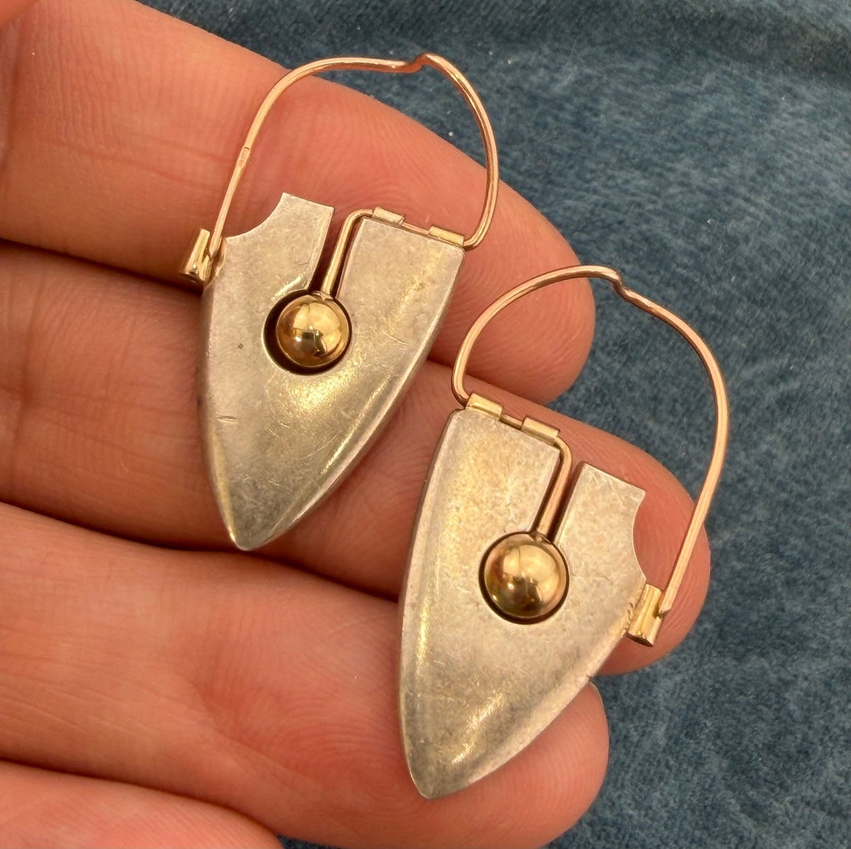 9k - 10k Yellow Gold + Silver MCM Modernist Steampunk Earrings. 11g + 1.4" *Video*