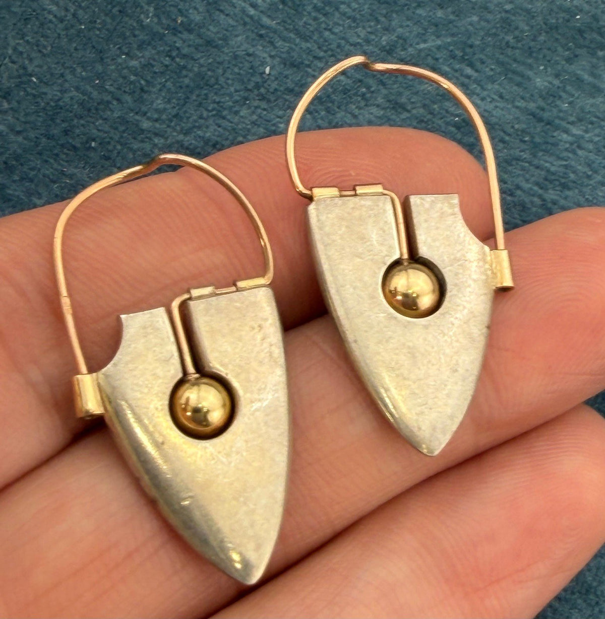 9k - 10k Yellow Gold + Silver MCM Modernist Steampunk Earrings. 11g + 1.4" *Video*