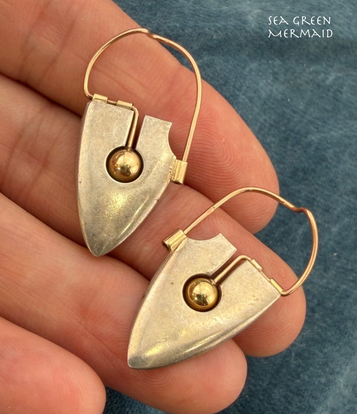 9k - 10k Yellow Gold + Silver Modernist Steampunk Earrings. 11g + 1.4"