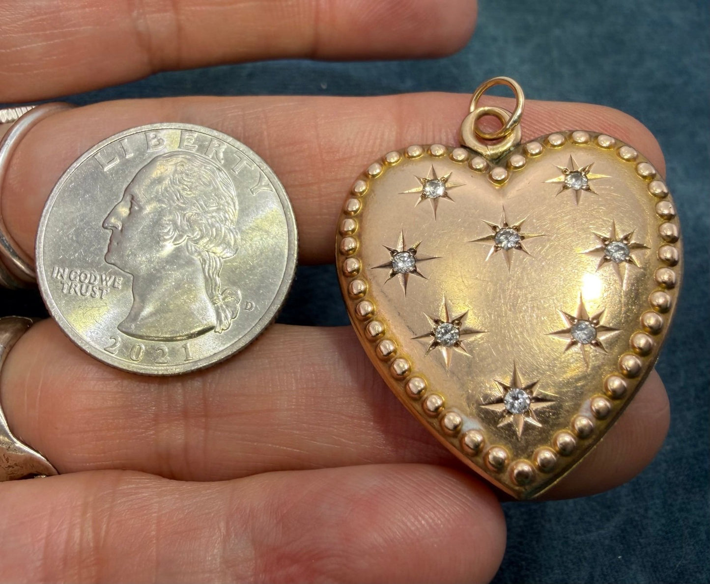 9k Gold Heart Locket Pendant w Gypsy Set Diamonds. XL 8g + 1.2" *Video*
