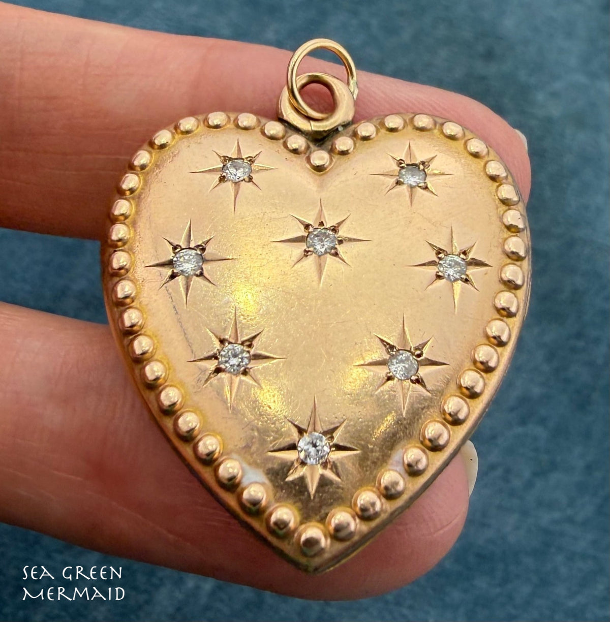 9k Gold Heart Locket Pendant w Gypsy Set Diamonds. XL 8g + 1.2" *Video*