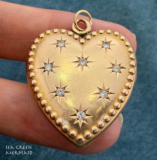 9k Gold Heart Locket Pendant w Gypsy Set Diamonds. XL 8g + 1.2" *Video*