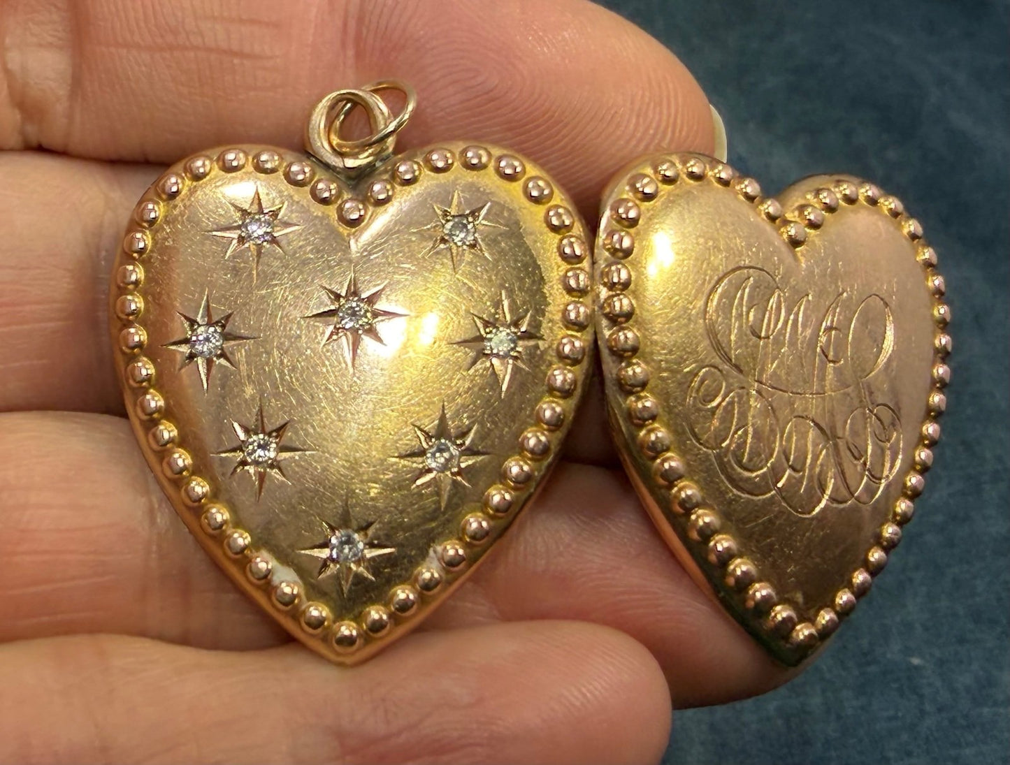 9k Gold Heart Locket Pendant w Gypsy Set Diamonds. XL 8g + 1.2" *Video*