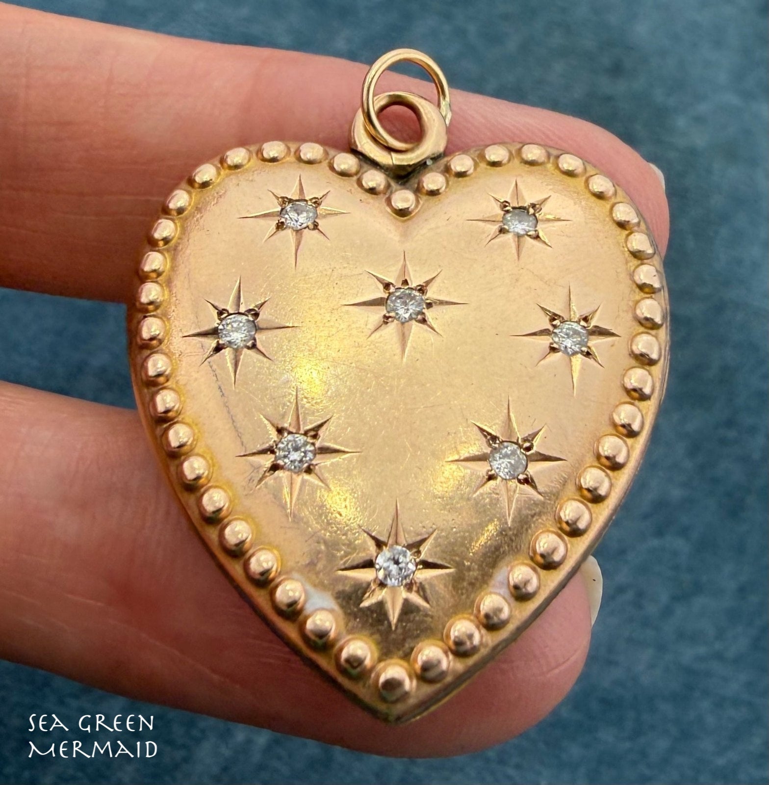 9k Gold Heart Locket Pendant w Gypsy Set Diamonds. XL 8g + 1.2" *Video*