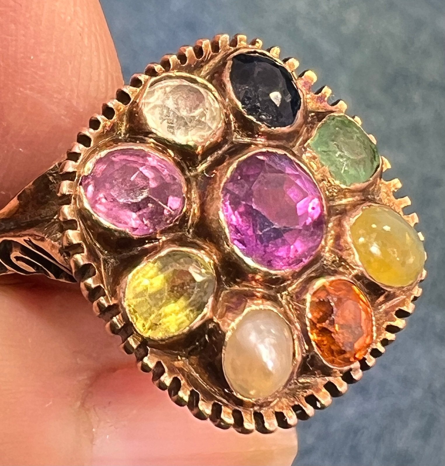 9k Rose Gold Navratna Multi-Gem Ring. Diamond Blue Sapphire, Emerald *Video*