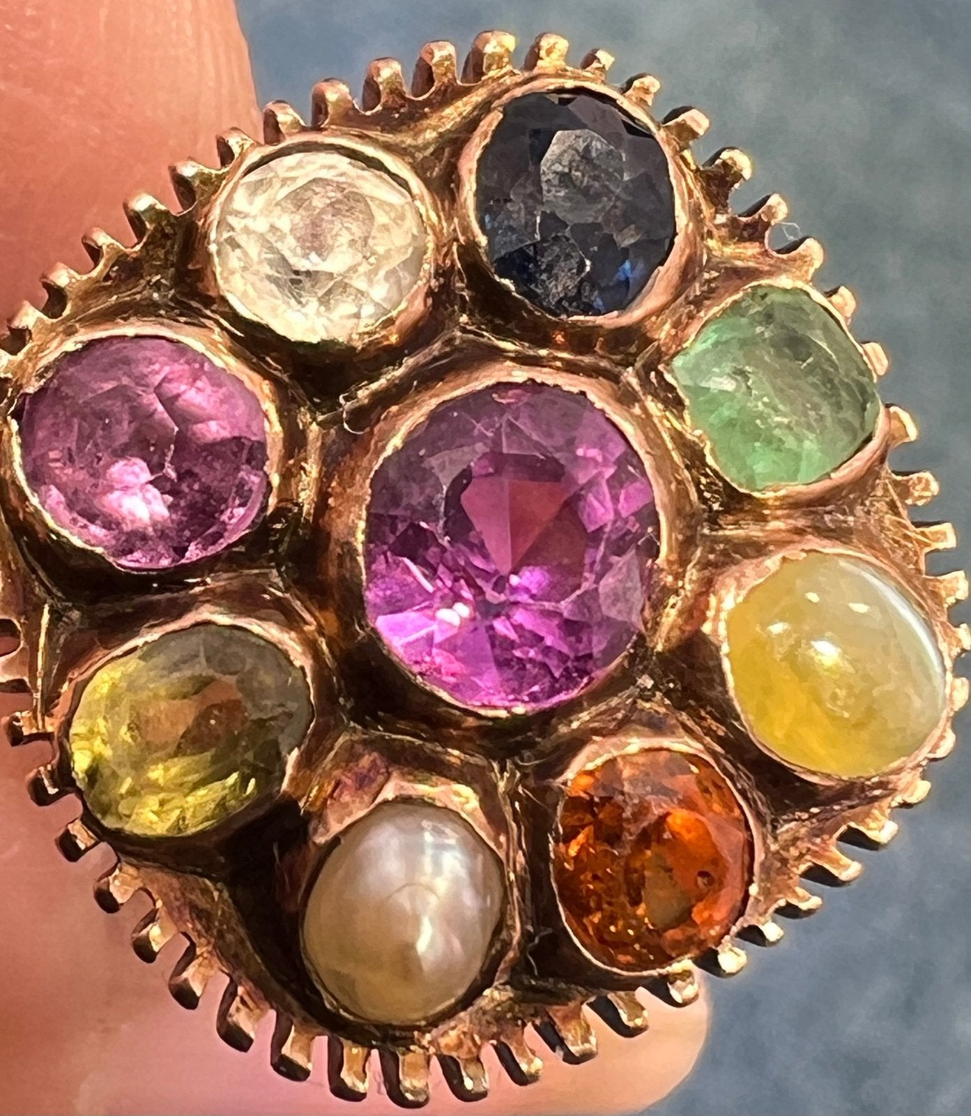 9k Rose Gold Navratna Multi-Gem Ring. Diamond Blue Sapphire, Emerald *Video*