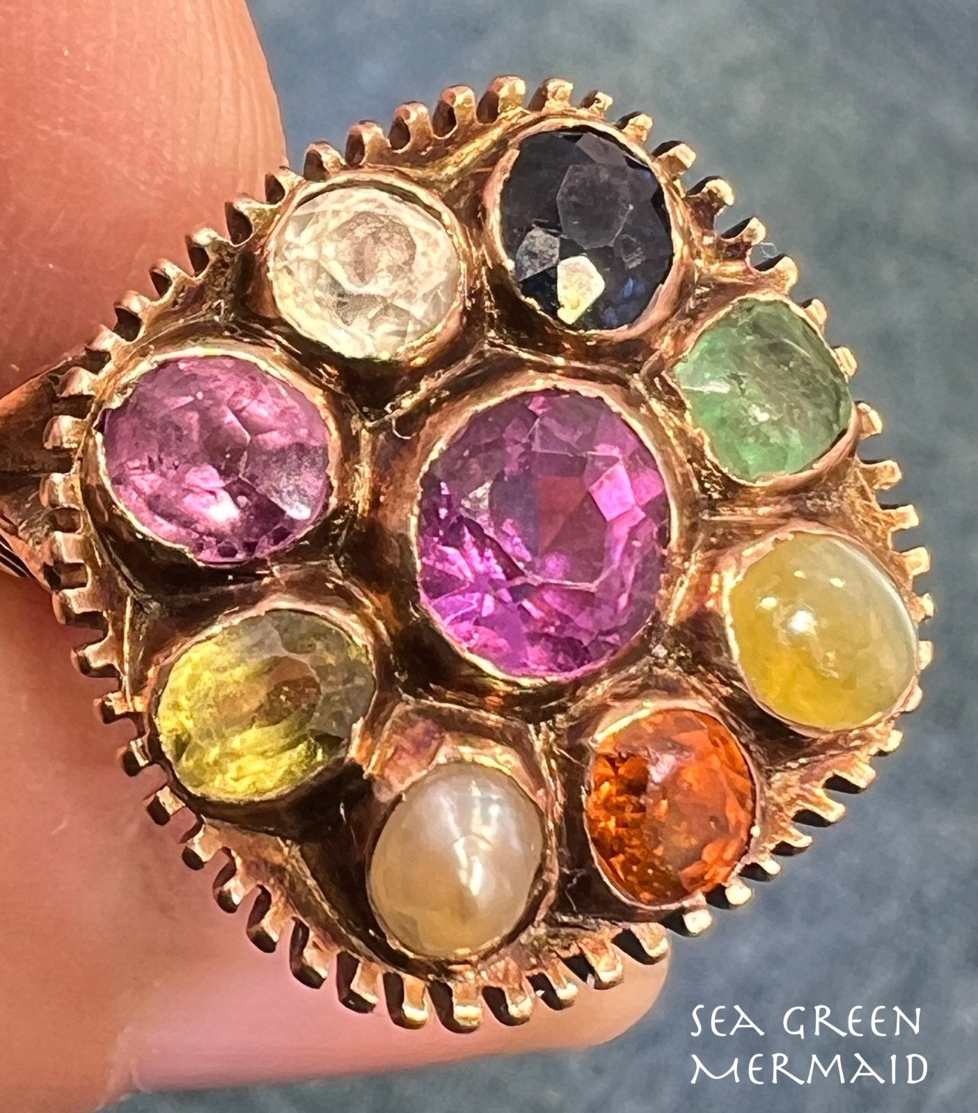 9k Rose Gold Navratna Multi-Gem Ring. Diamond Blue Sapphire, Emerald *Video*