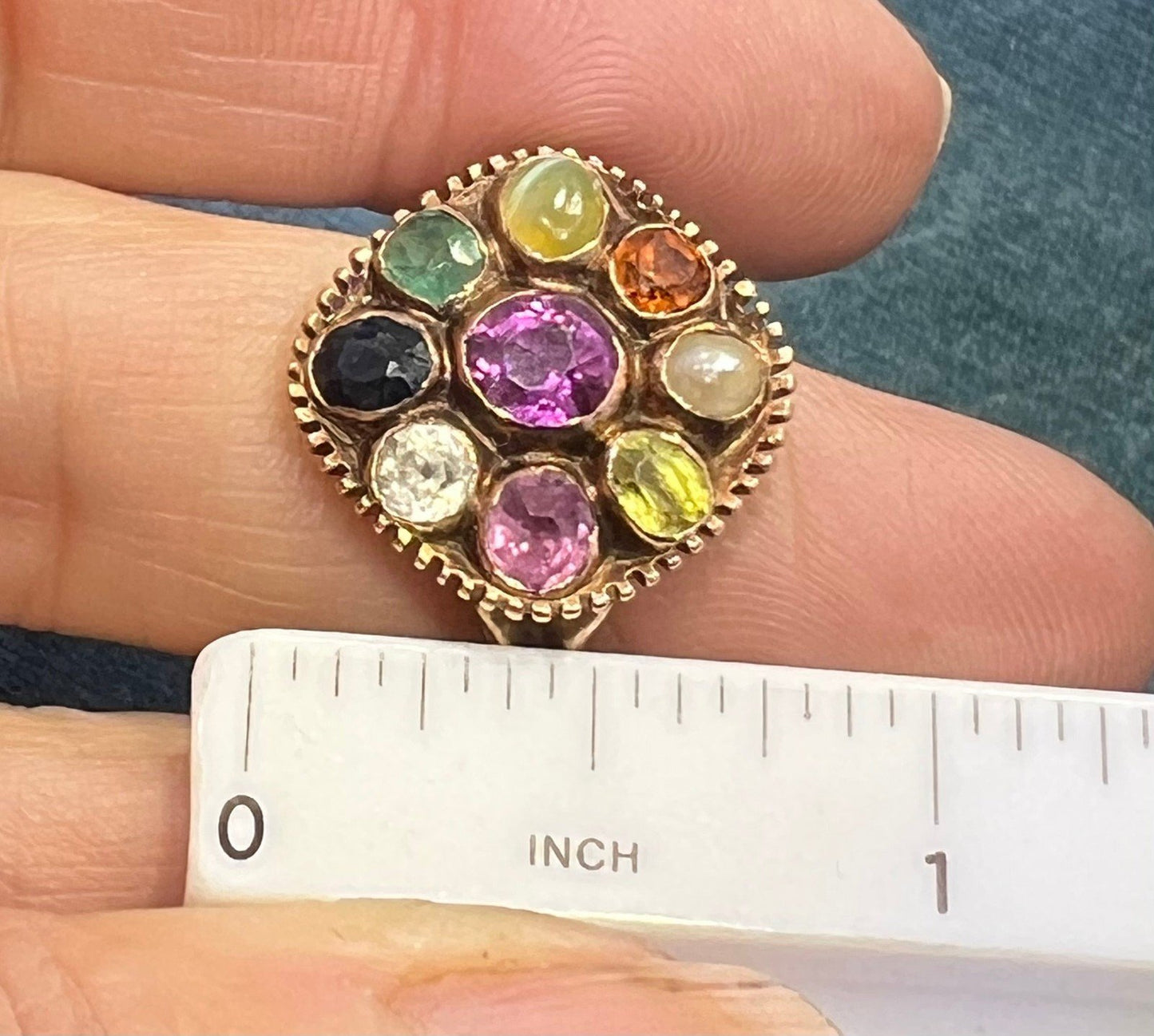 9k Rose Gold Navratna Multi-Gem Ring. Diamond Blue Sapphire, Emerald *Video*