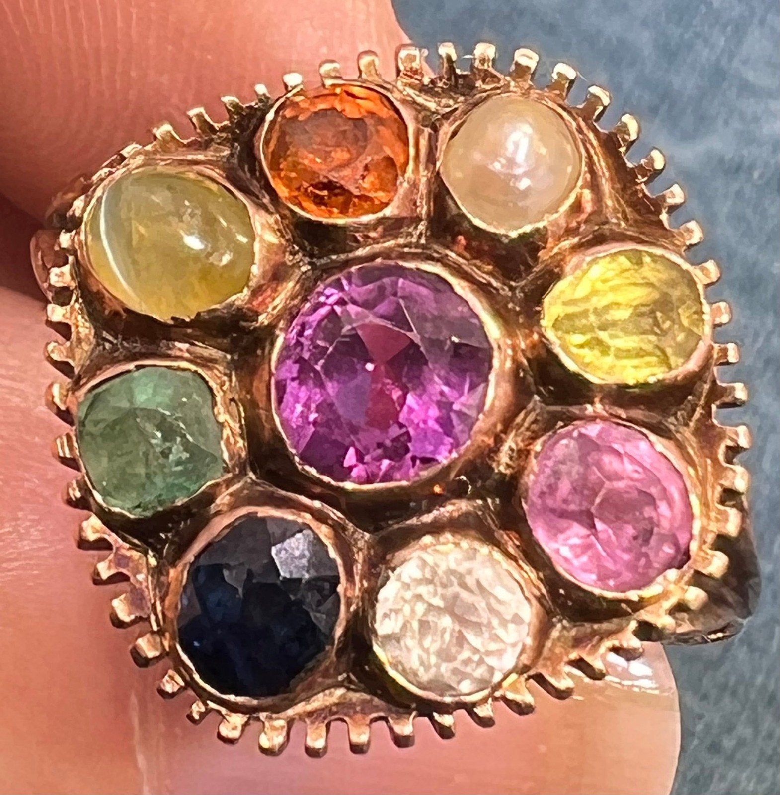 9k Rose Gold Navratna Multi-Gem Ring. Diamond Blue Sapphire, Emerald *Video*