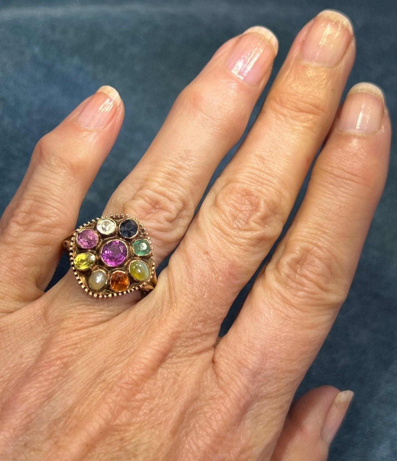 9k Rose Gold Navratna Multi-Gem Ring. Diamond Blue Sapphire, Emerald *Video*