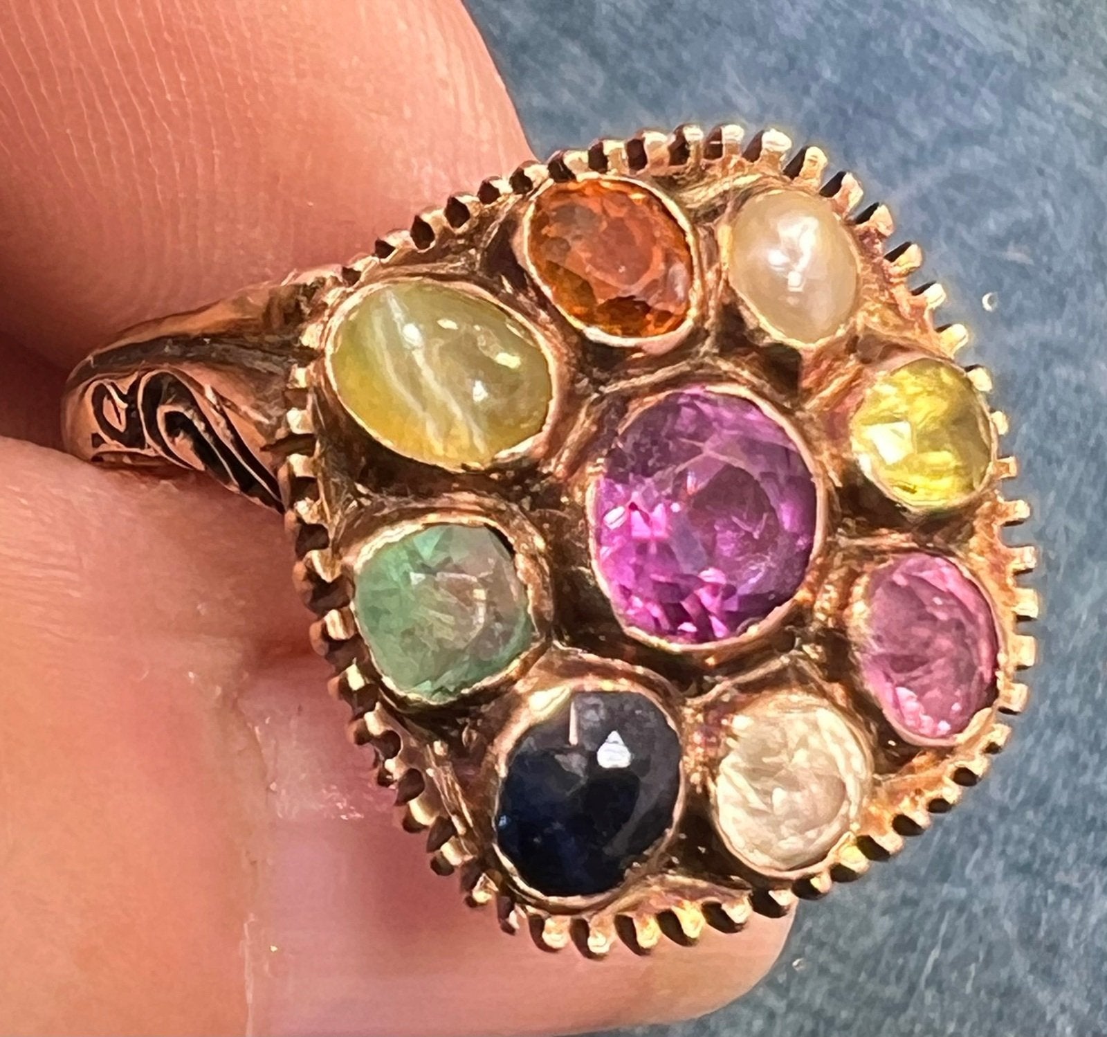 9k Rose Gold Navratna Multi-Gem Ring. Diamond Blue Sapphire, Emerald *Video*