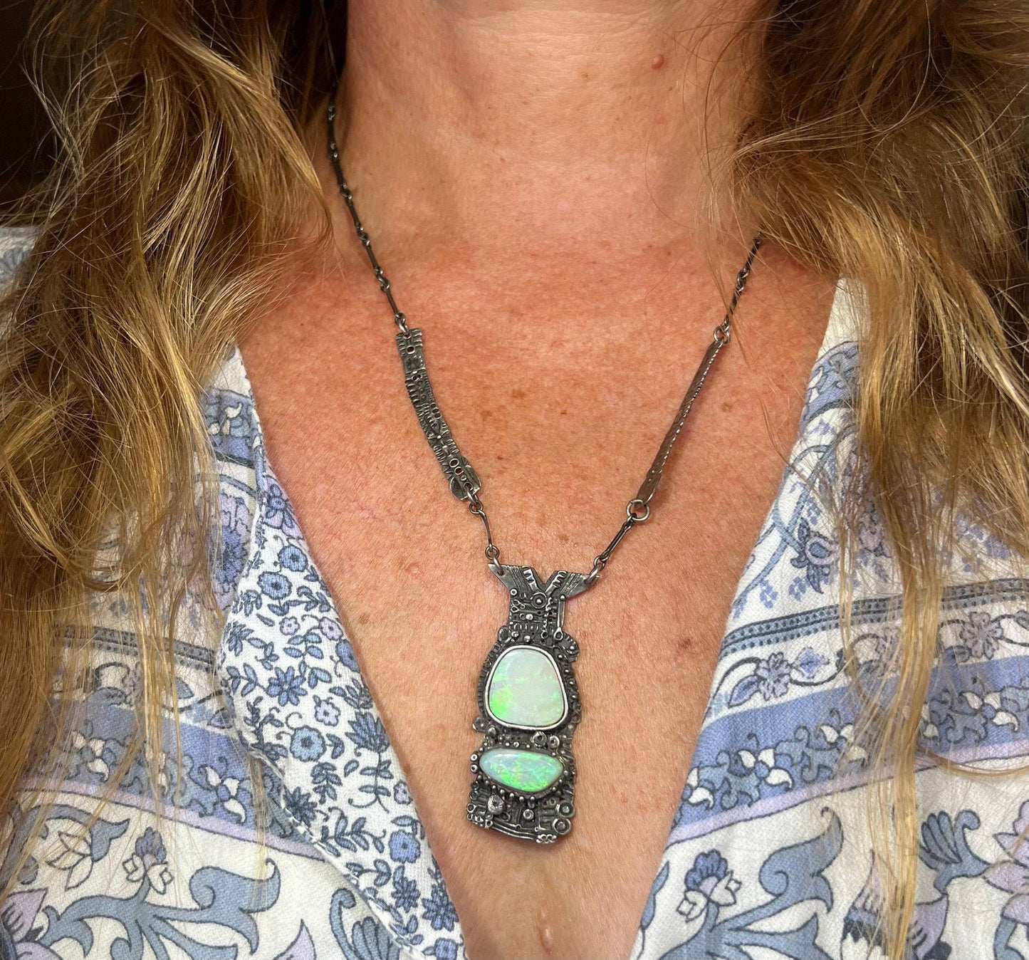 Australian 2 Opal Artisan Pendant in Sterling Silver w Chain Necklace