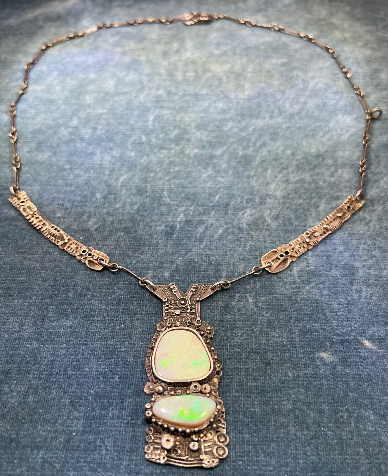 Australian 2 Opal Artisan Pendant in Sterling Silver w Chain Necklace