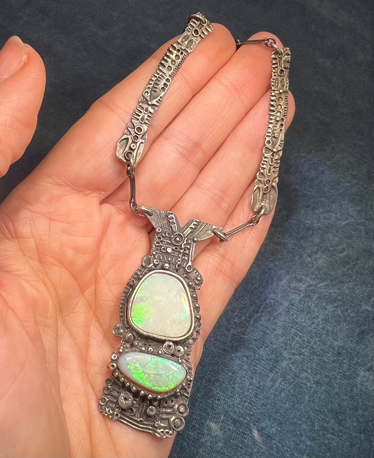 Australian 2 Opal Artisan Pendant in Sterling Silver w Chain Necklace