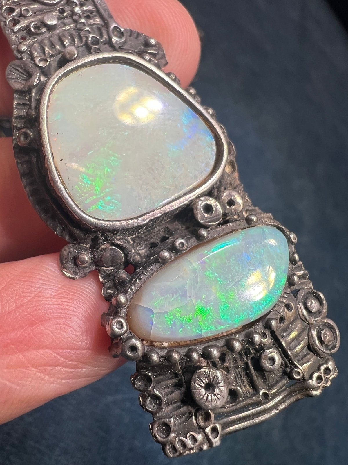 Australian 2 Opal Artisan Pendant in Sterling Silver w Chain Necklace