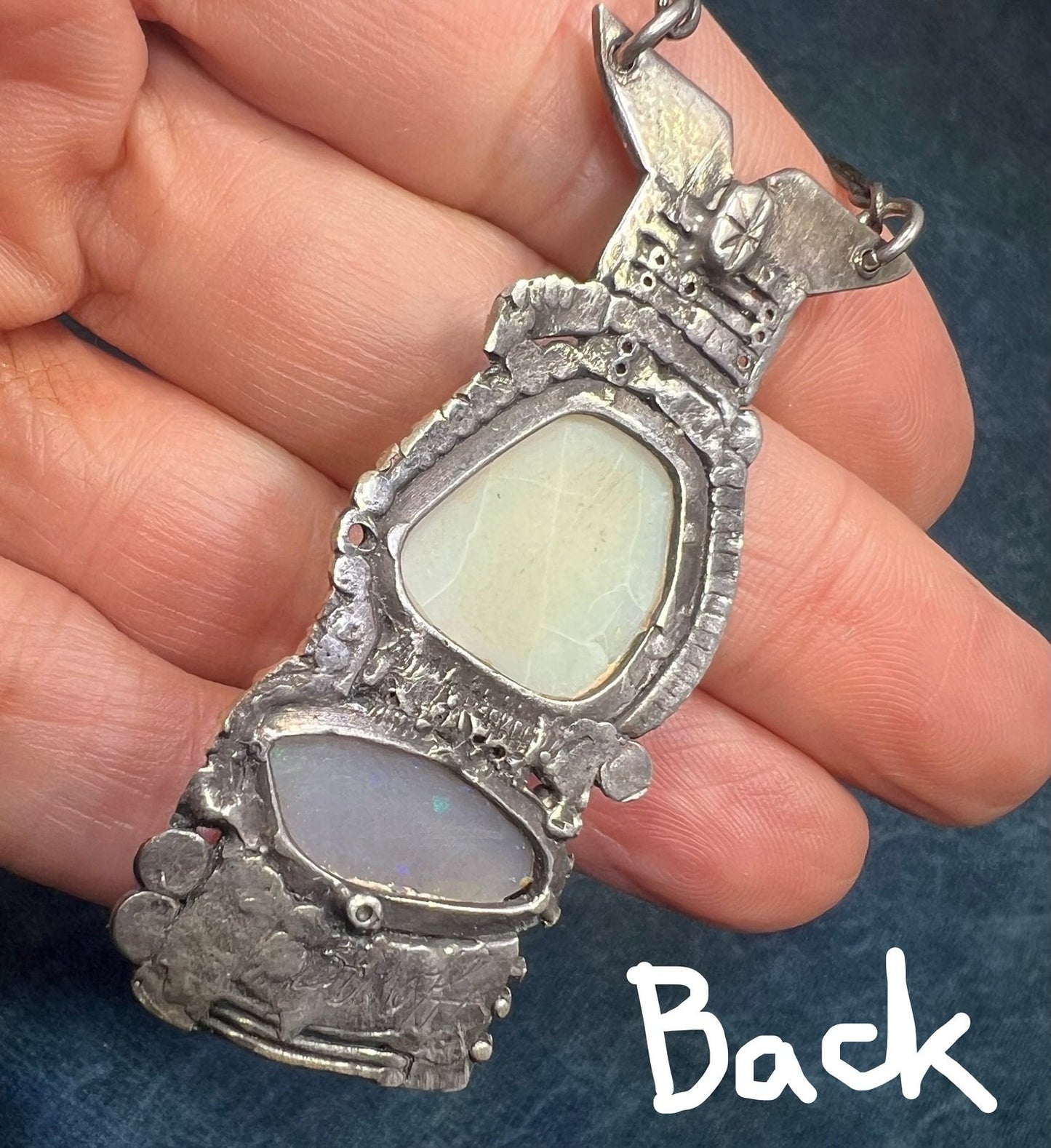 Australian 2 Opal Artisan Pendant in Sterling Silver w Chain Necklace