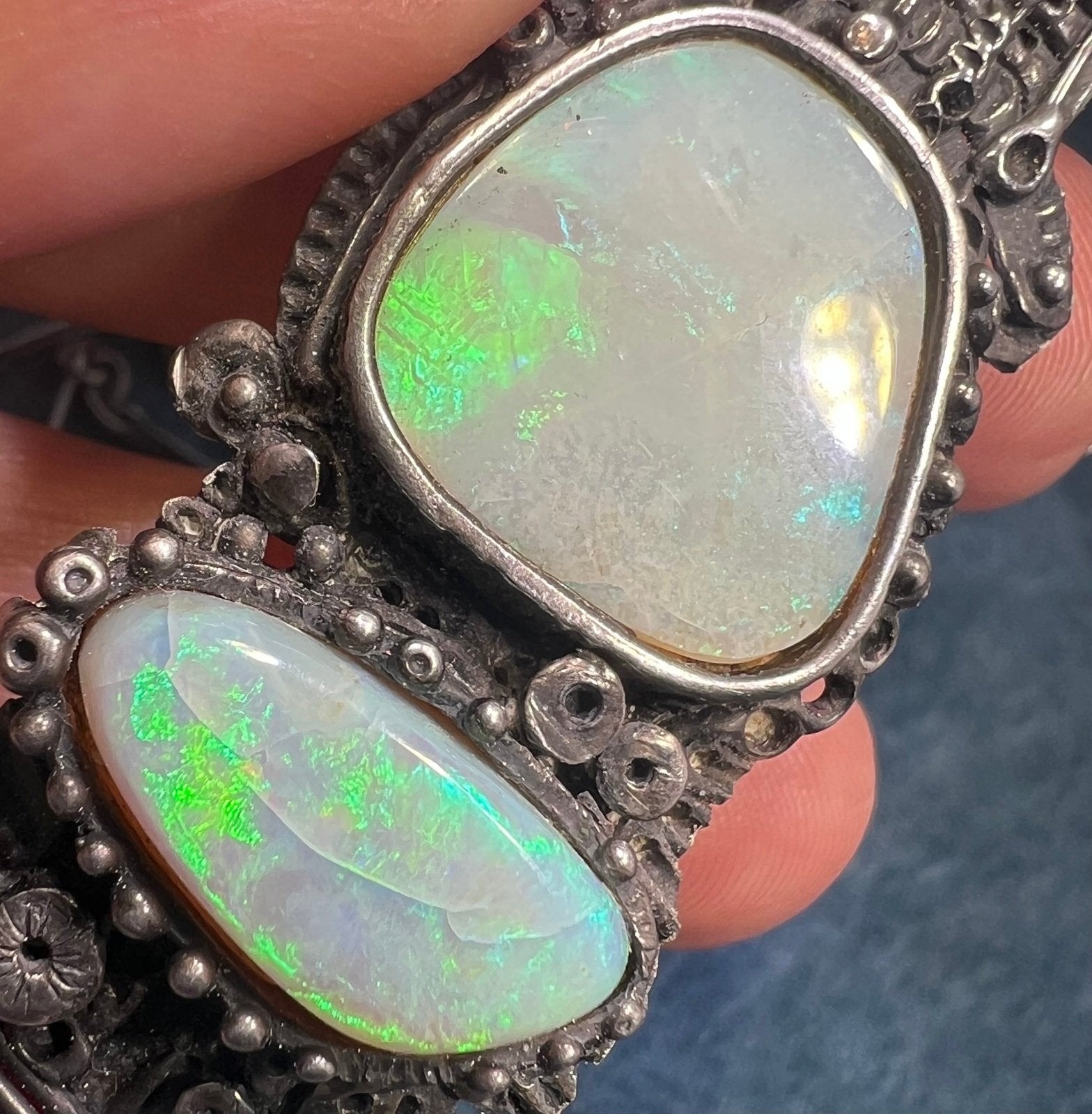 Australian 2 Opal Artisan Pendant in Sterling Silver w Chain Necklace