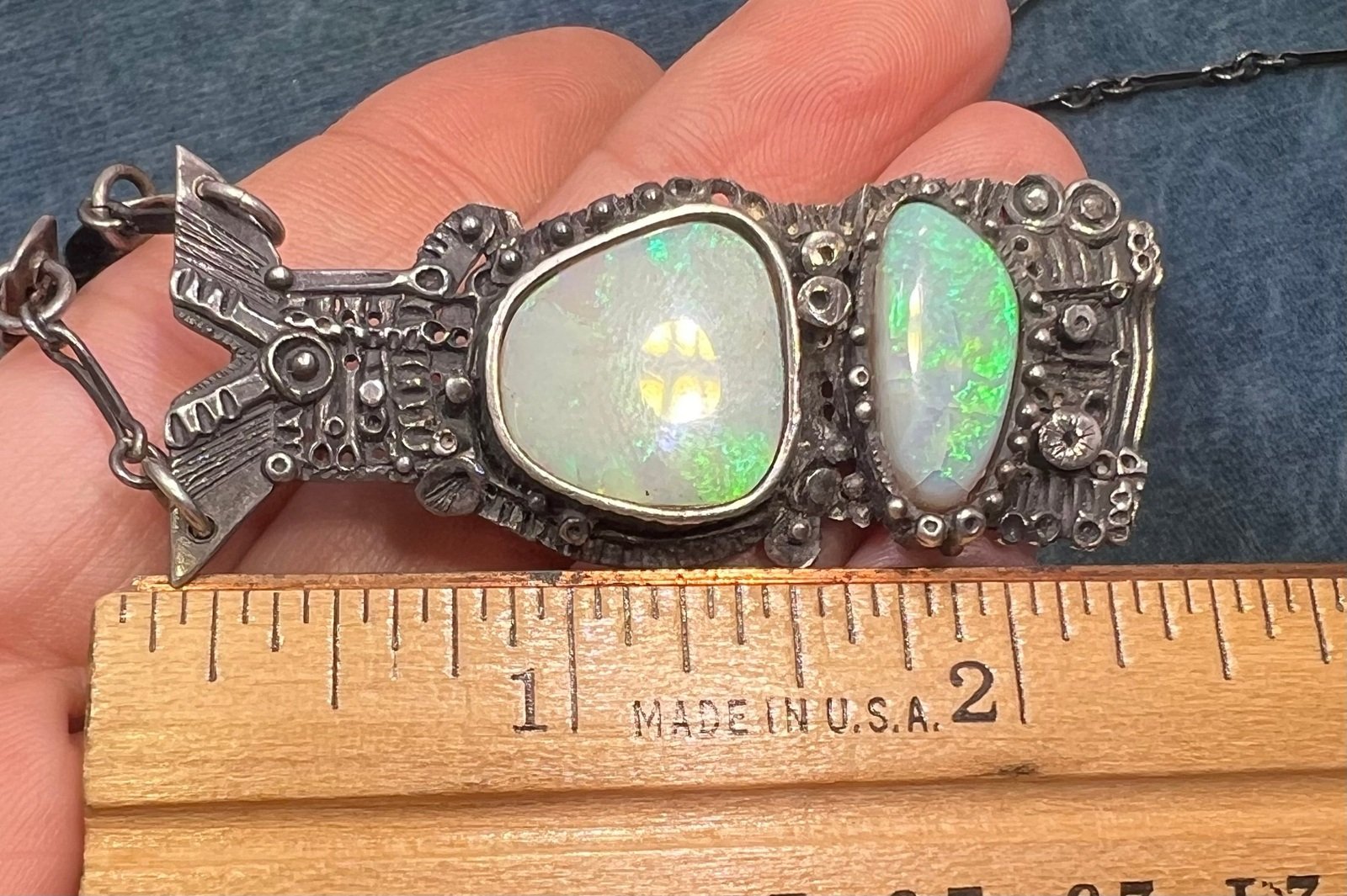 Australian 2 Opal Artisan Pendant in Sterling Silver w Chain Necklace