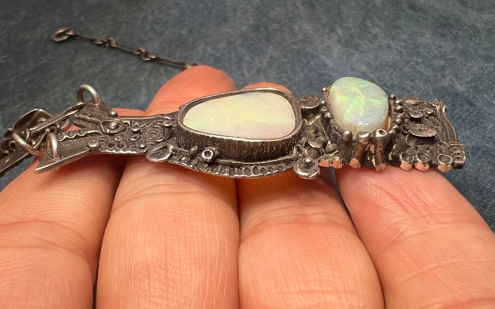 Australian 2 Opal Artisan Pendant in Sterling Silver w Chain Necklace