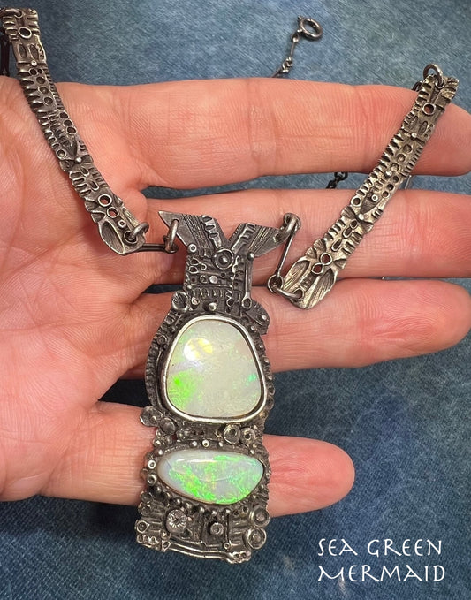 Australian 2 Opal Artisan Pendant in Sterling Silver w Chain Necklace