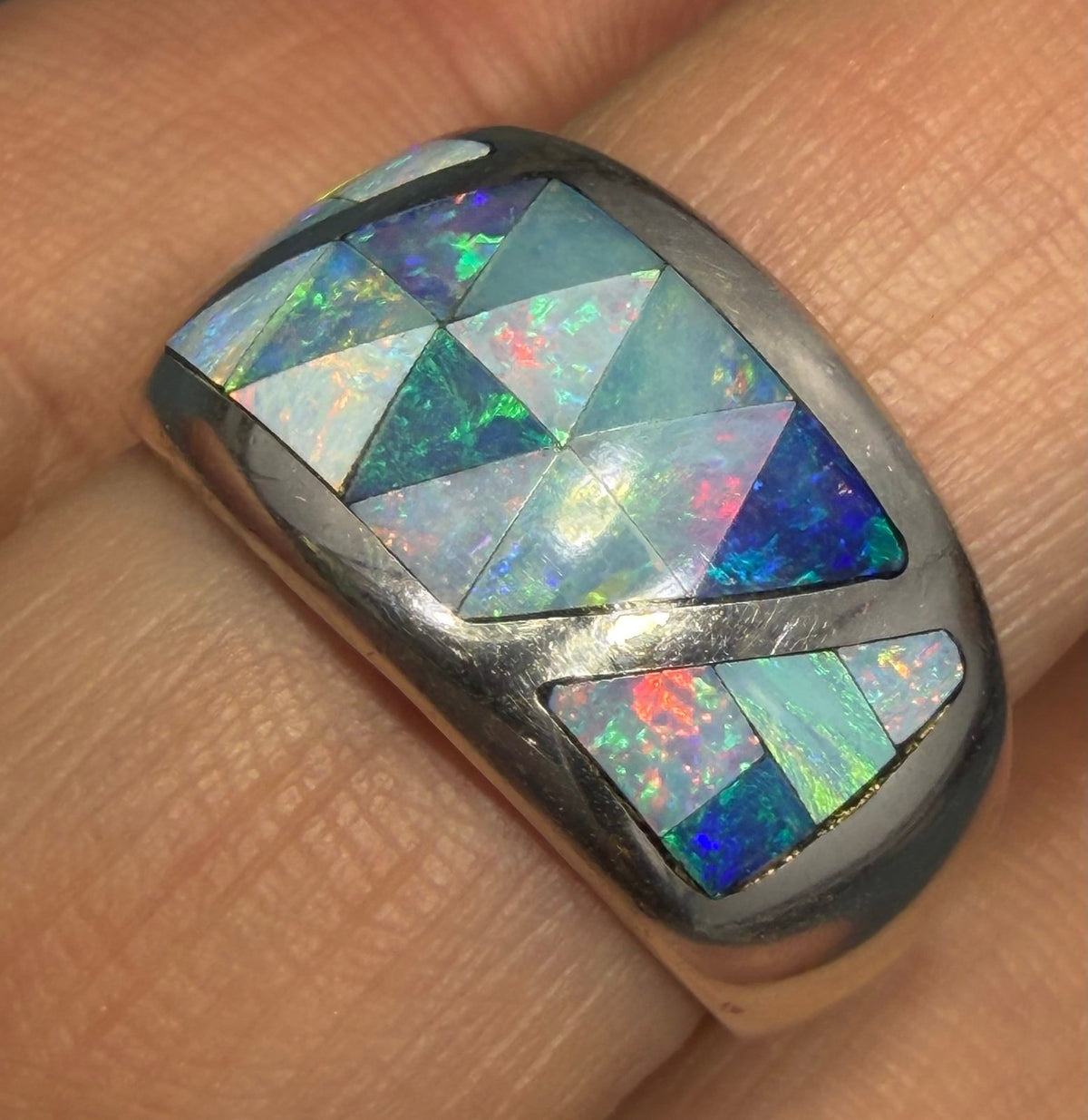 Australian Black Opal Ring in Sterling Silver. Wide Cigar Band *Video*