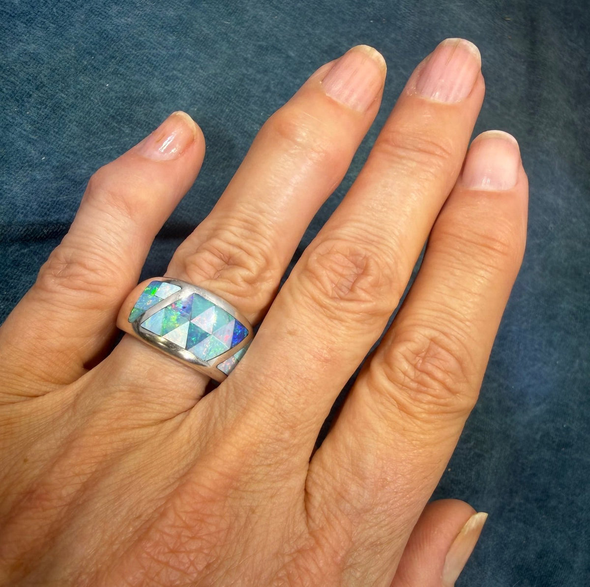 Australian Black Opal Ring in Sterling Silver. Wide Cigar Band *Video*