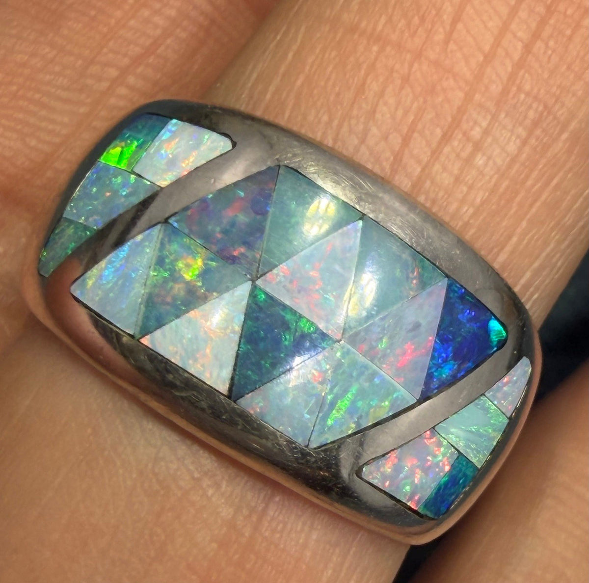 Australian Black Opal Ring in Sterling Silver. Wide Cigar Band *Video*