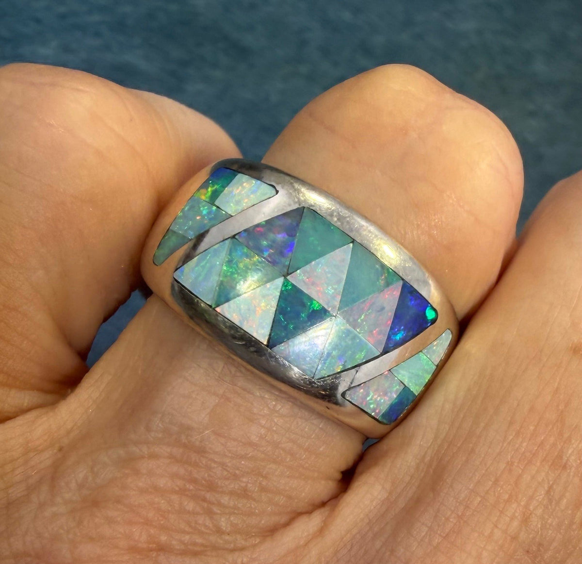 Australian Black Opal Ring in Sterling Silver. Wide Cigar Band *Video*