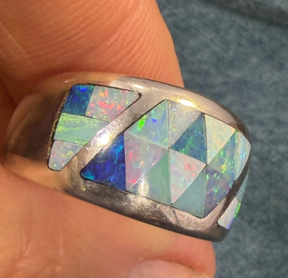 Australian Black Opal Ring in Sterling Silver. Wide Cigar Band *Video*