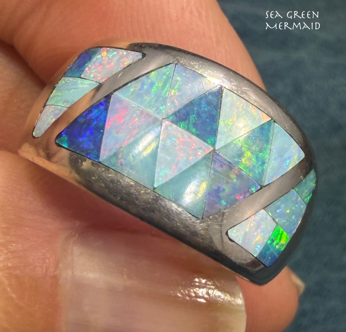 Australian Black Opal Ring in Sterling Silver. Wide Cigar Band *Video*