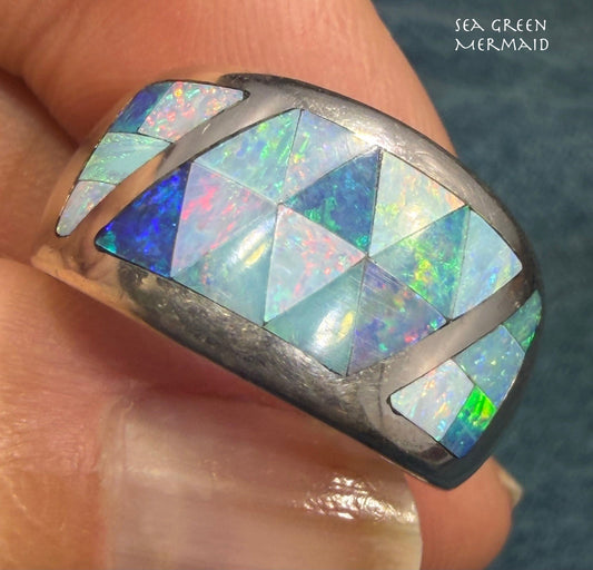 Australian Black Opal Ring in Sterling Silver. Wide Cigar Band *Video*