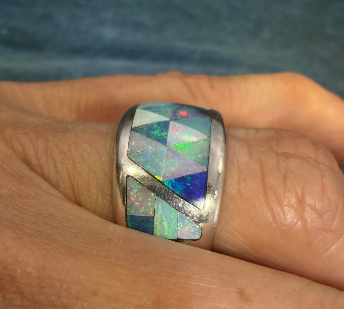 Australian Black Opal Ring in Sterling Silver. Wide Cigar Band *Video*