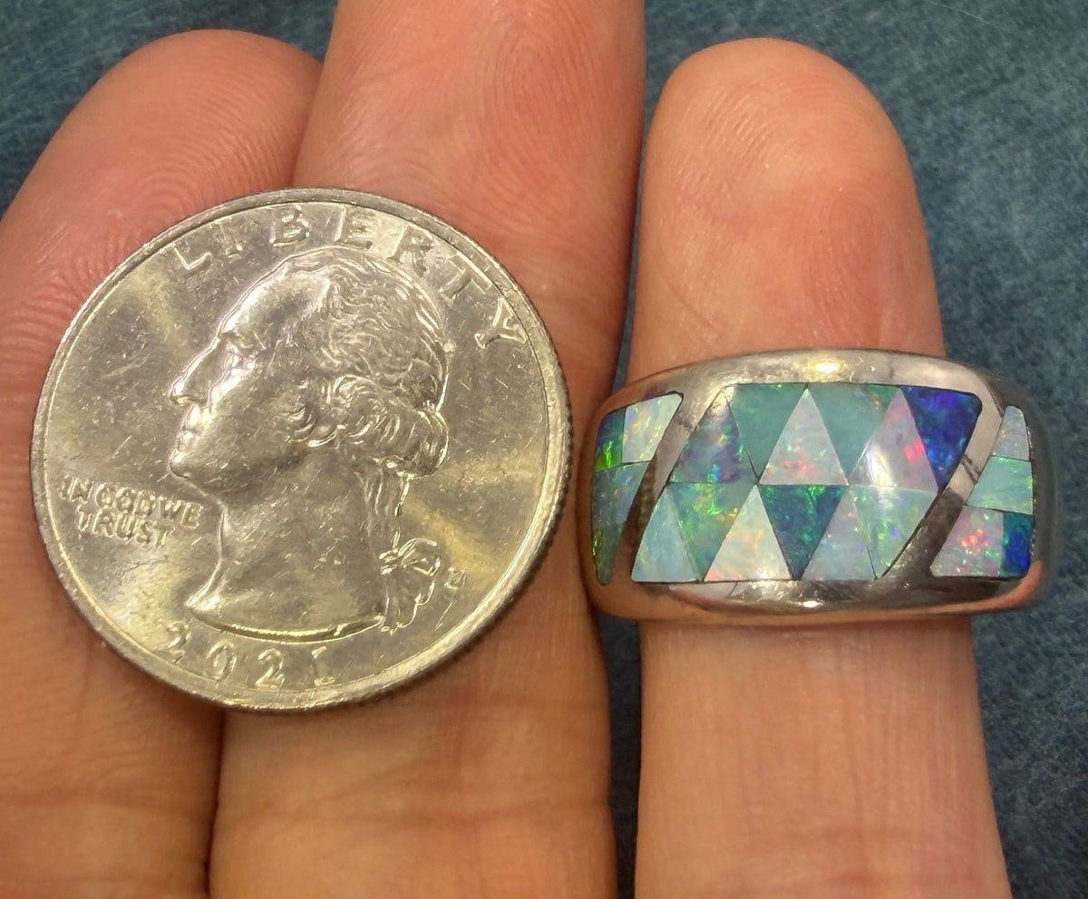 Australian Black Opal Ring in Sterling Silver. Wide Cigar Band *Video*