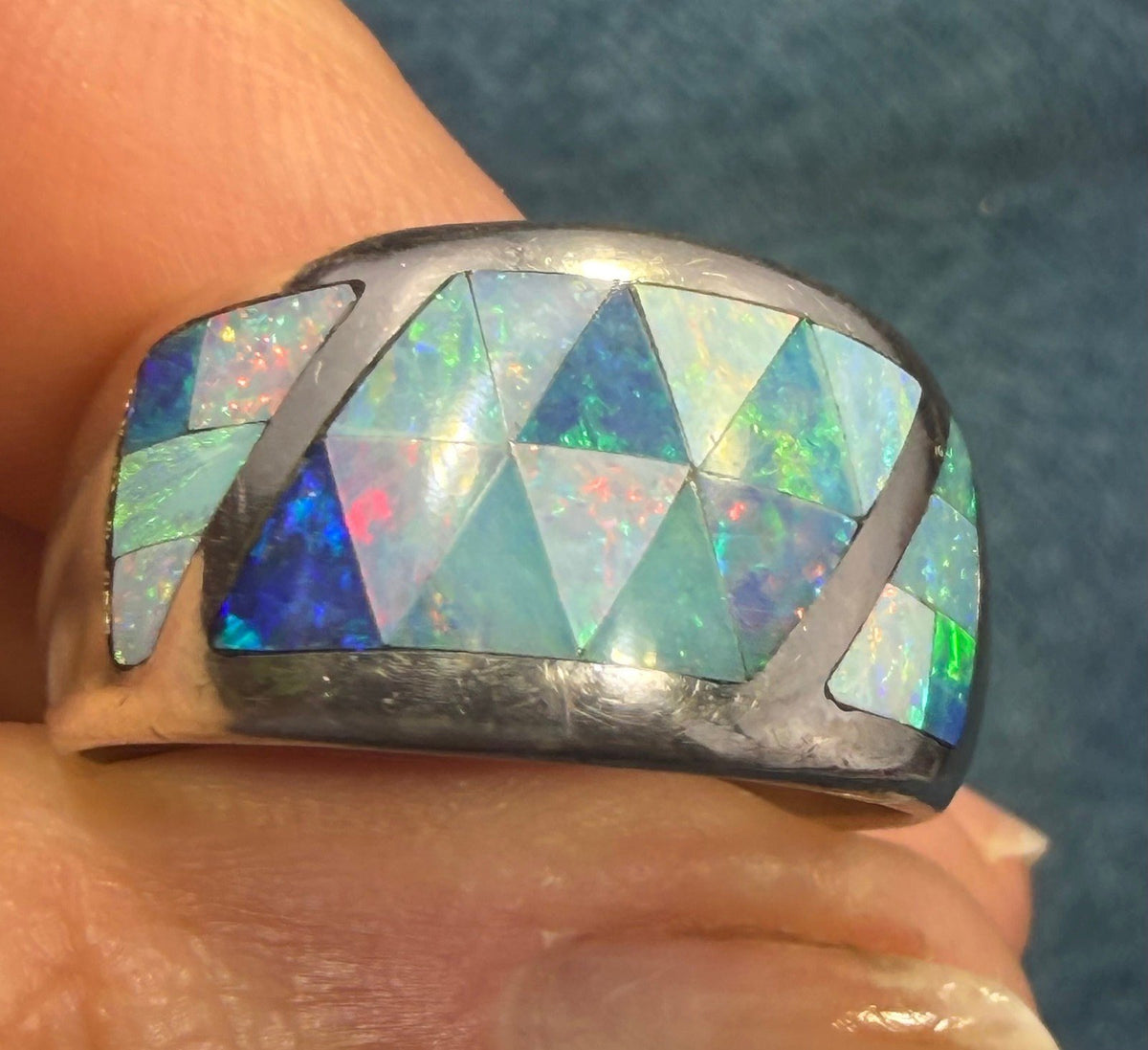 Australian Black Opal Ring in Sterling Silver. Wide Cigar Band *Video*
