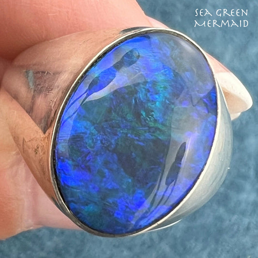 Australian Black Opal Triplet 925 Wide Signet Ring. 9g *Video*