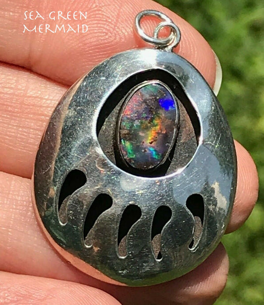 Australian Boulder Black Opal Bear Paw Pendant. 925 Pawn *VIDEO* WC