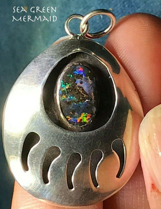 Australian Boulder Black Opal Bear Paw Pendant. 925 Pawn *VIDEO*