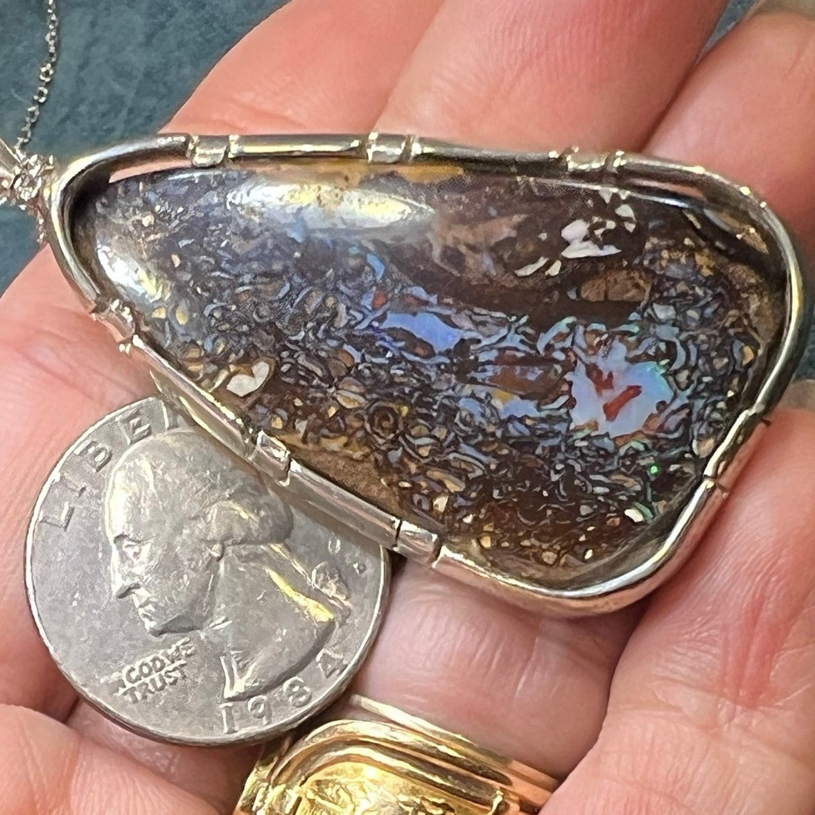 Australian Boulder Koroit Opal 2" Pendant in 925. Free Chain *Video*