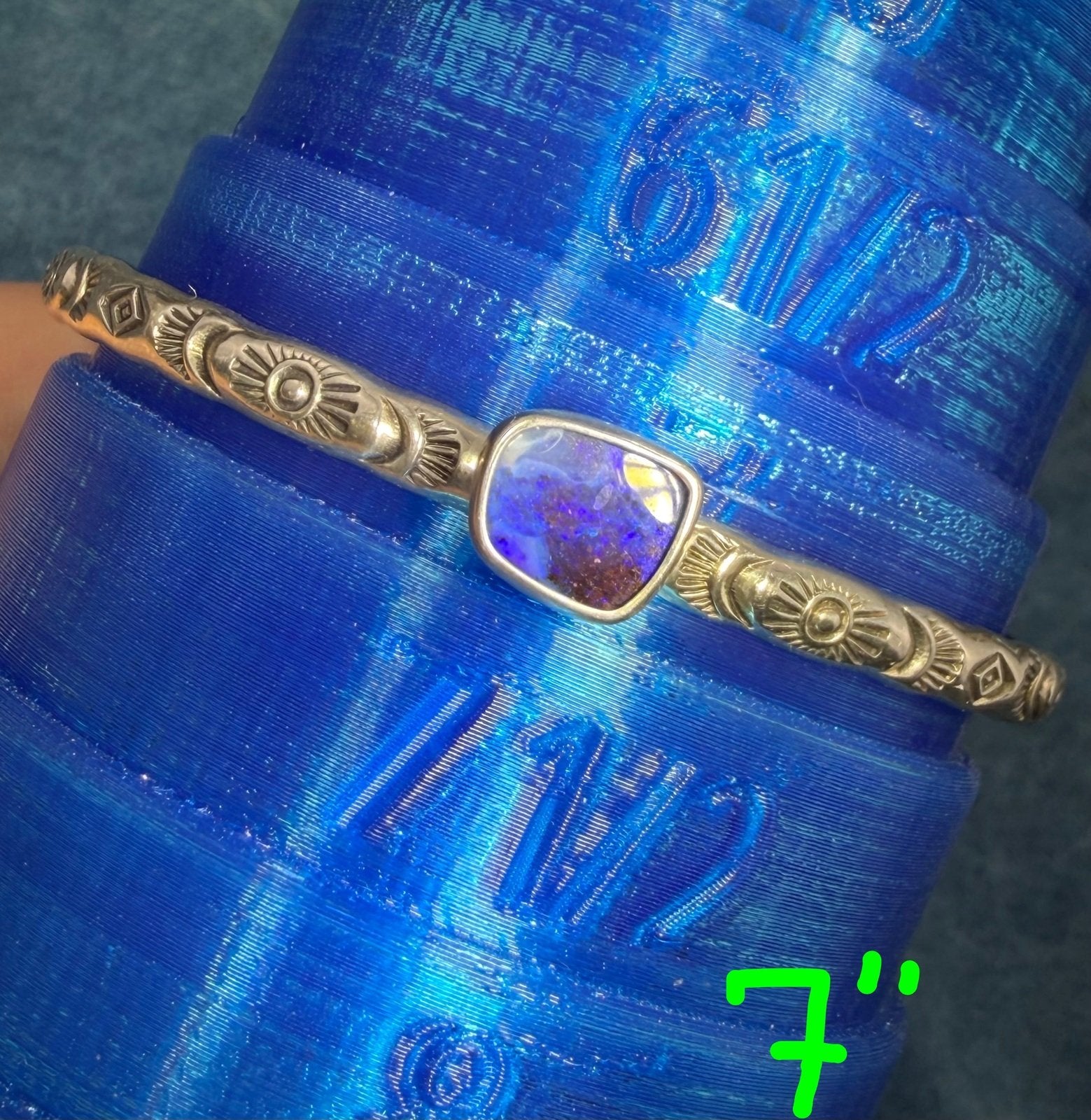 Australian Boulder Opal Artisan Sunburst Cuff Bracelet. Purple Blue