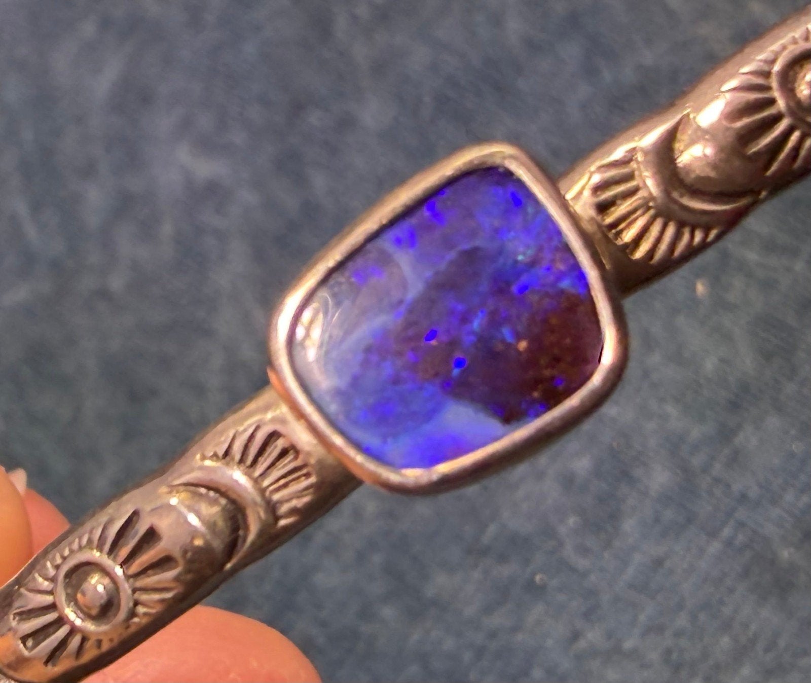 Australian Boulder Opal Artisan Sunburst Cuff Bracelet. Purple Blue