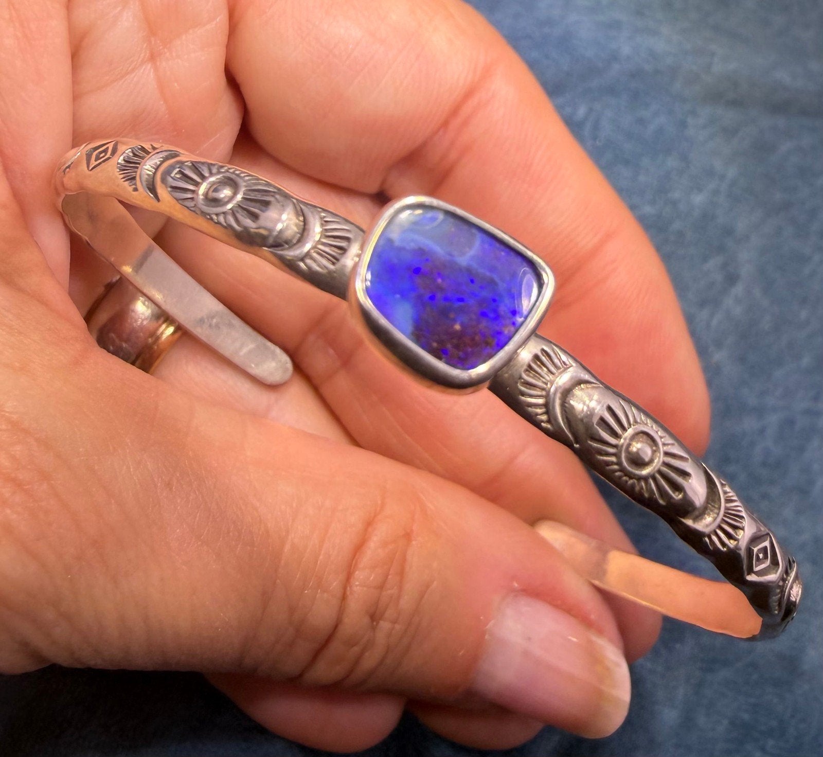 Australian Boulder Opal Artisan Sunburst Cuff Bracelet. Purple Blue