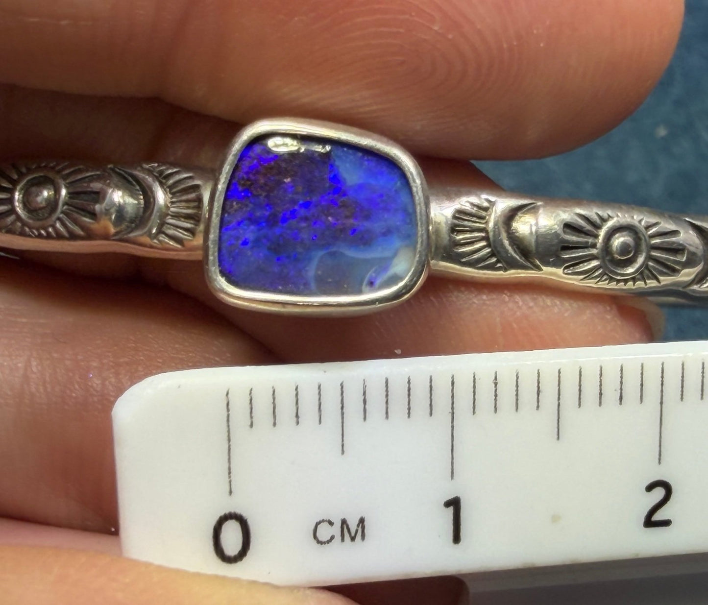 Australian Boulder Opal Artisan Sunburst Cuff Bracelet. Purple Blue