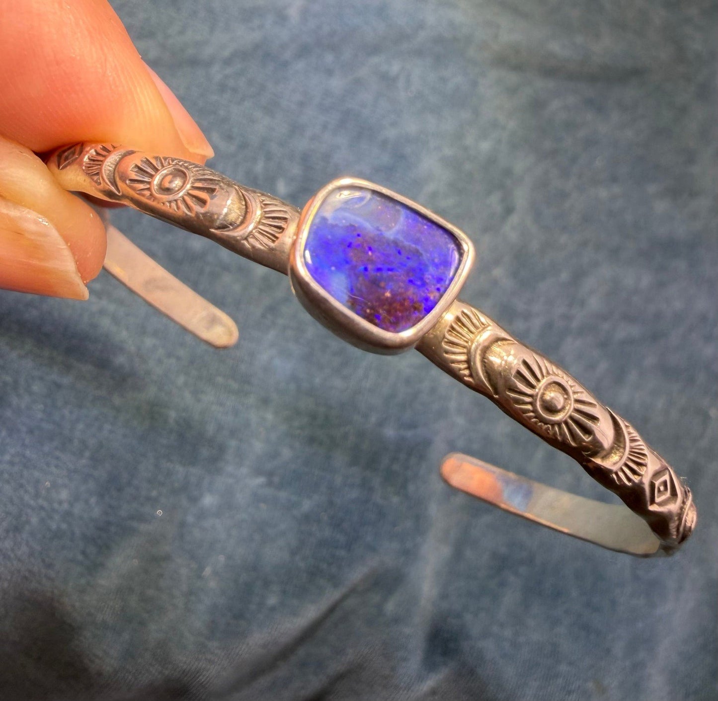 Australian Boulder Opal Artisan Sunburst Cuff Bracelet. Purple Blue