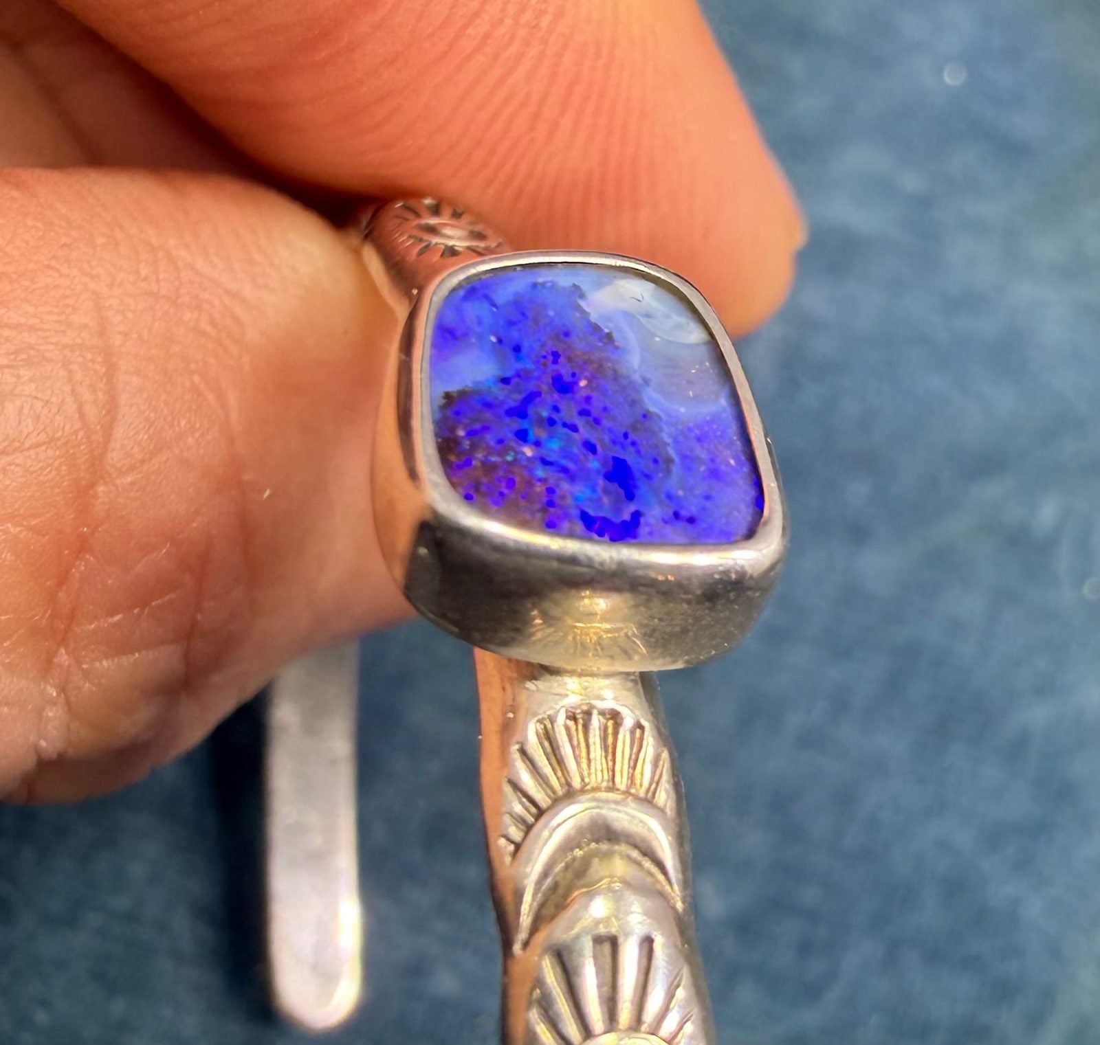 Australian Boulder Opal Artisan Sunburst Cuff Bracelet. Purple Blue