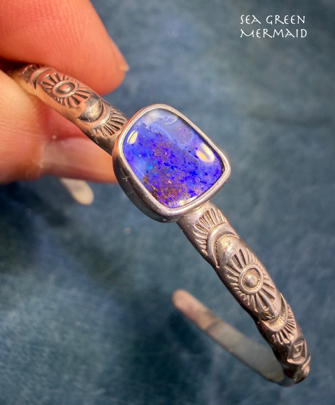 Australian Boulder Opal Artisan Sunburst Cuff Bracelet. Purple Blue