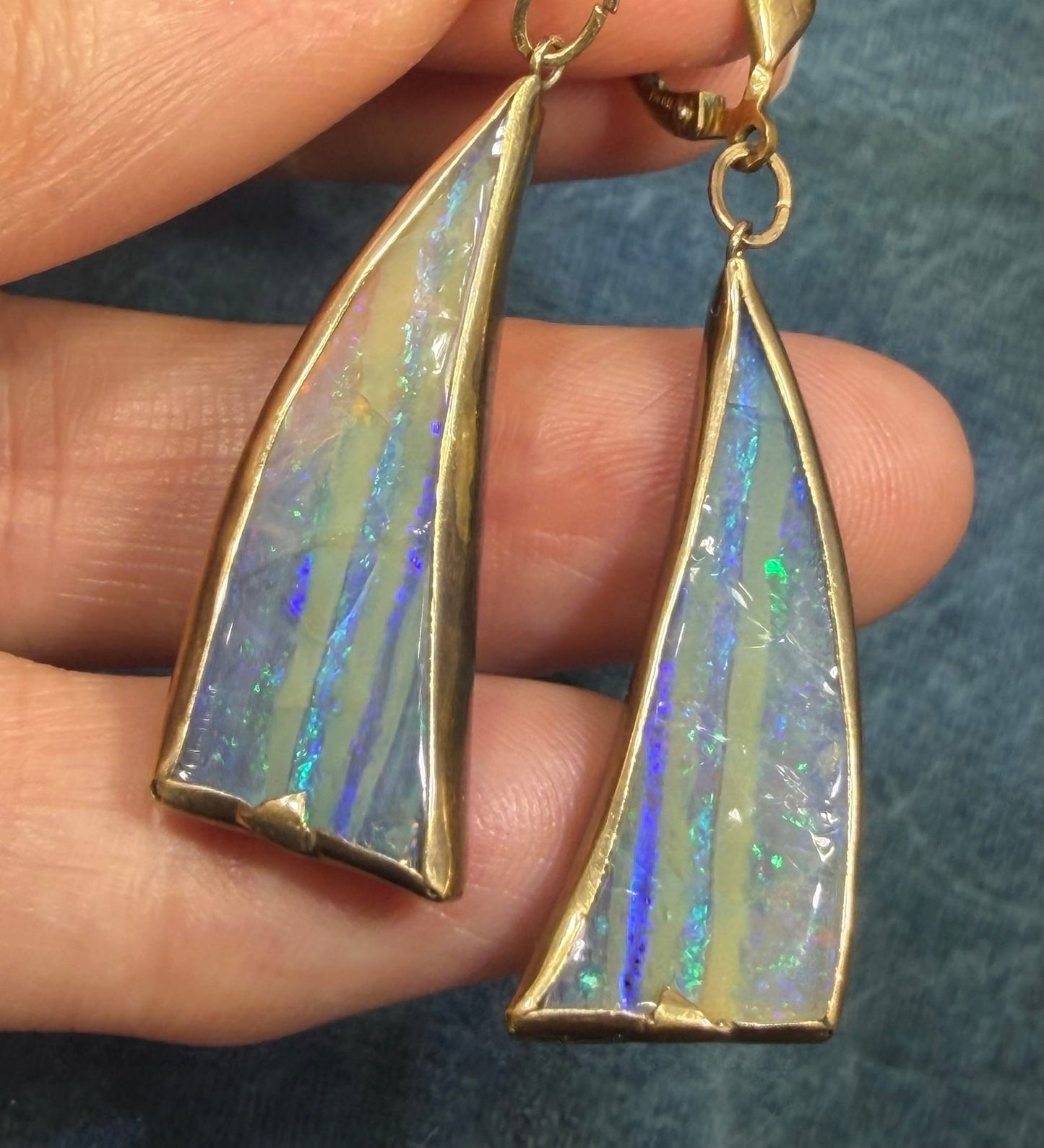 Australian Boulder Opal Earrings in 1/20 14k GF. 2.2" Leverbacks *Video*