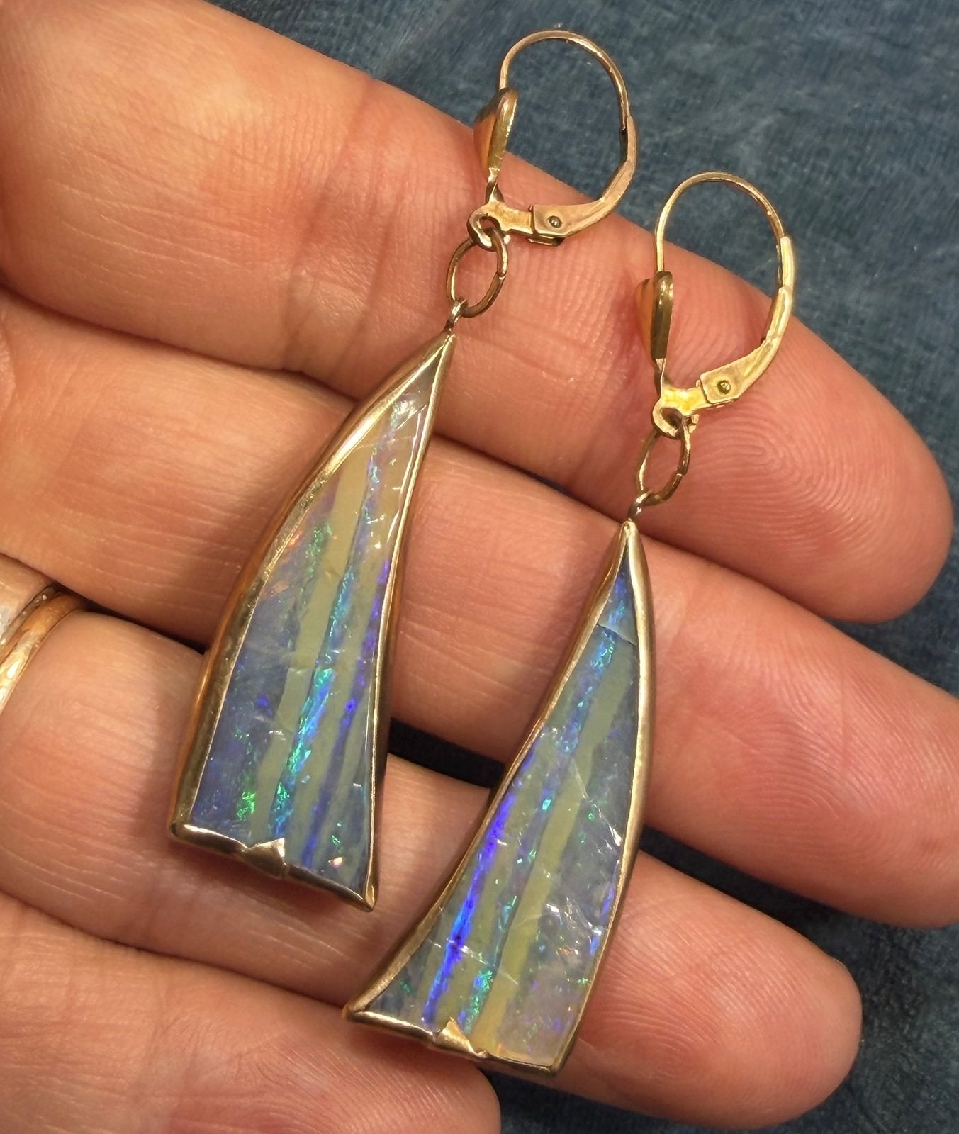 Australian Boulder Opal Earrings in 1/20 14k GF. 2.2" Leverbacks *Video*