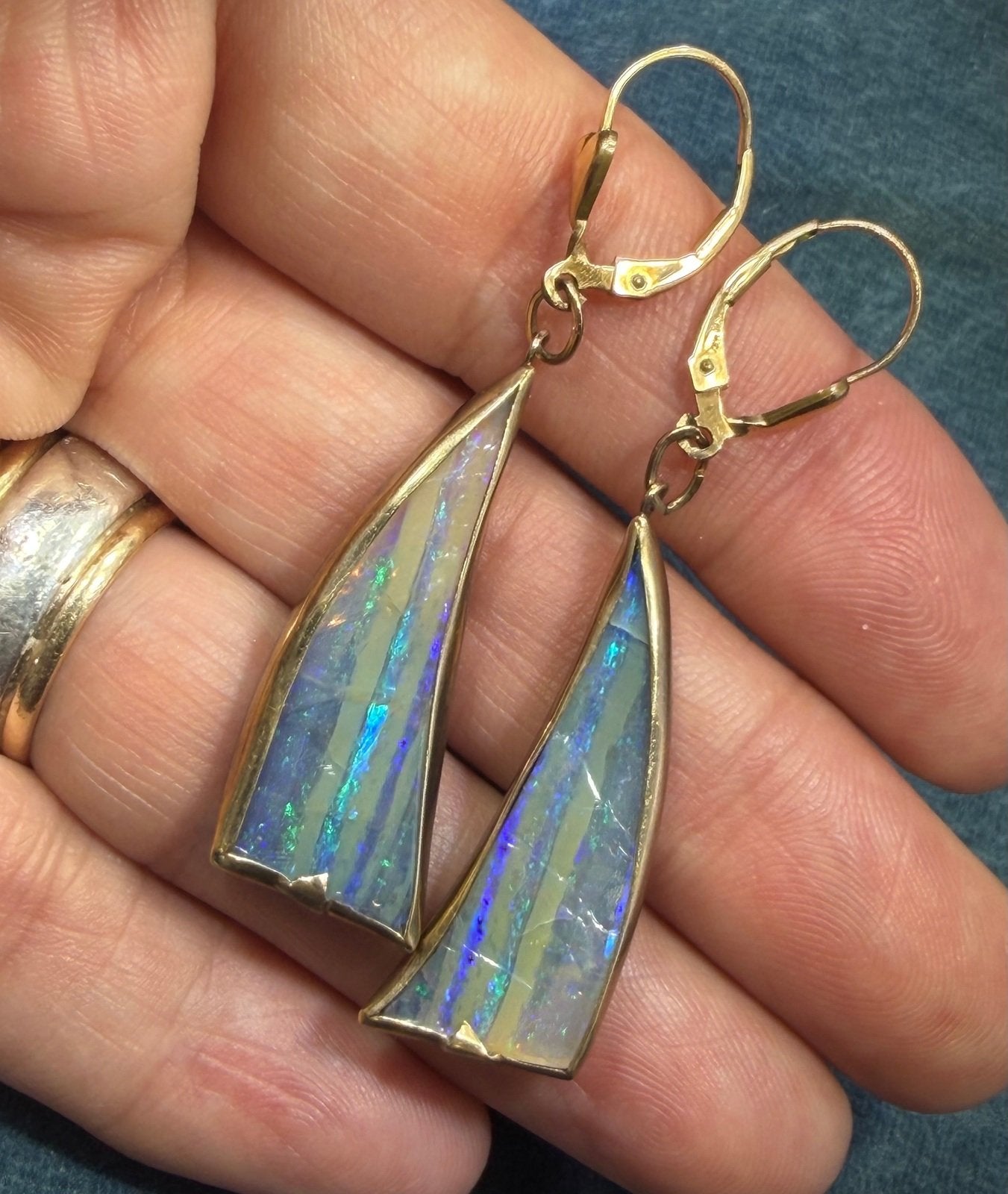 Australian Boulder Opal Earrings in 1/20 14k GF. 2.2" Leverbacks *Video*