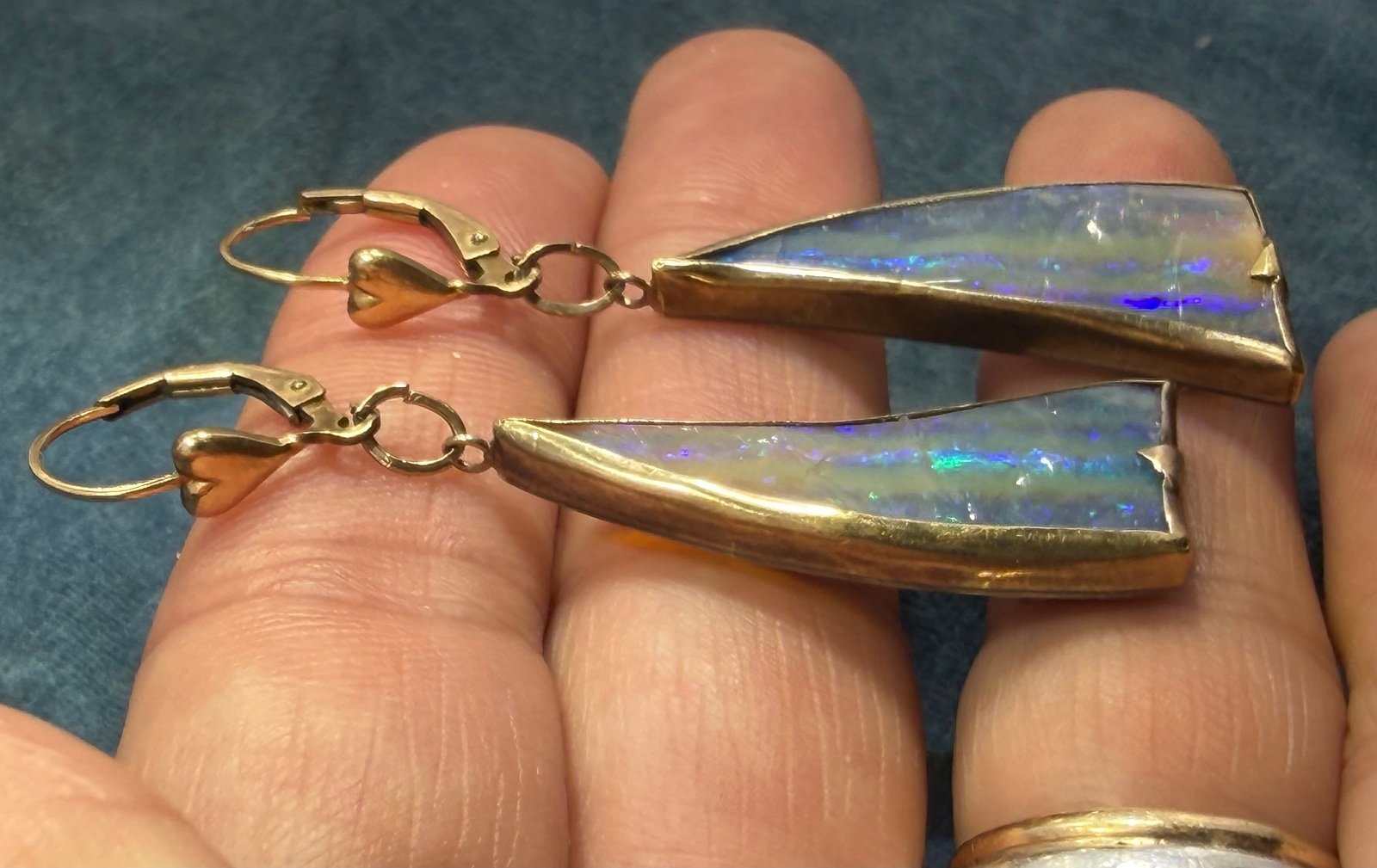 Australian Boulder Opal Earrings in 1/20 14k GF. 2.2" Leverbacks *Video*