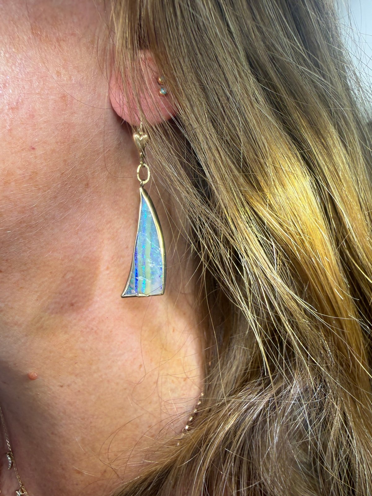 Australian Boulder Opal Earrings in 1/20 14k GF. 2.2" Leverbacks *Video*